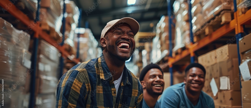 Group portrait of mixed race men working in warehouse laughing, a joyful and inclusive workplace scene Group portrait of mixed race men working in warehouse laughing, a joyful and inclusive workplace scene