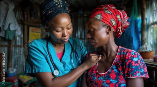 A woman in a blue scrubs is helping another woman with her hair