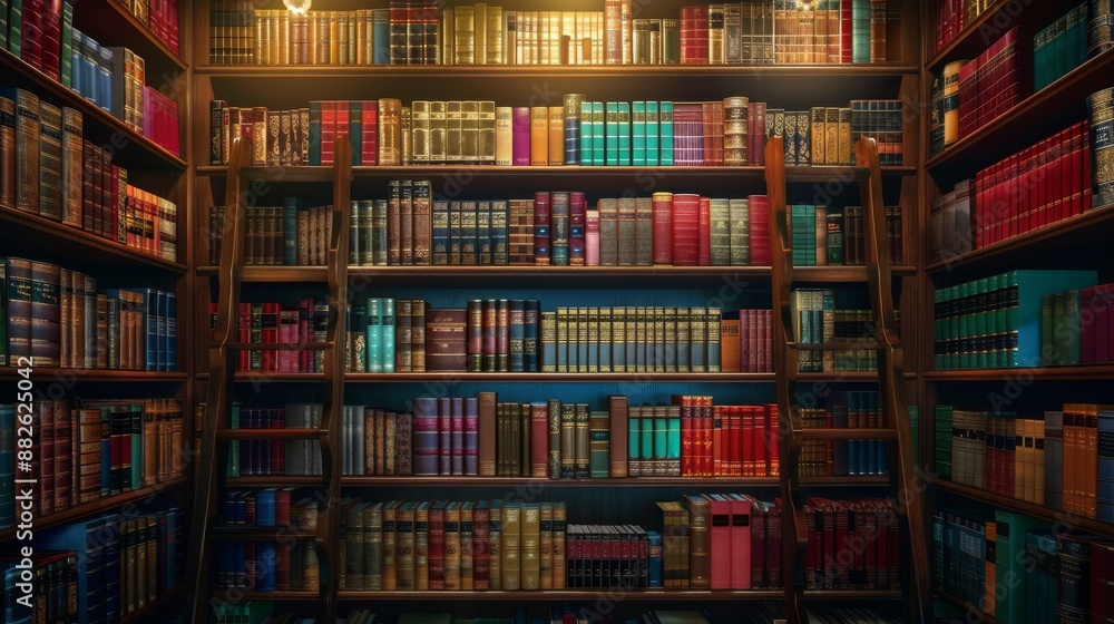 Cozy library with filled wooden bookshelves and a ladder, colorful books stacked neatly. Warm lighting creates a serene and inviting atmosphere. Cozy library with filled wooden bookshelves and a ladder, colorful books stacked neatly. Warm lighting creates a serene and inviting atmosphere.