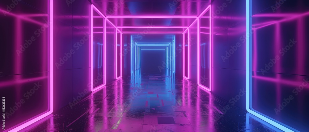 Futuristic corridor illustration perfect for an abstract background design with purple and blue neon lights Futuristic corridor illustration perfect for an abstract background design with purple and blue neon lights