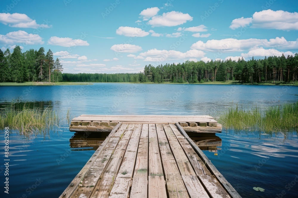 Obraz premium A wooden dock is on the edge of a lake