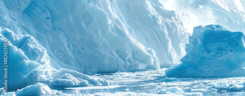 Capture a stunning semi close-up of the icy landscape of Greenland, featuring glaciers and icebergs