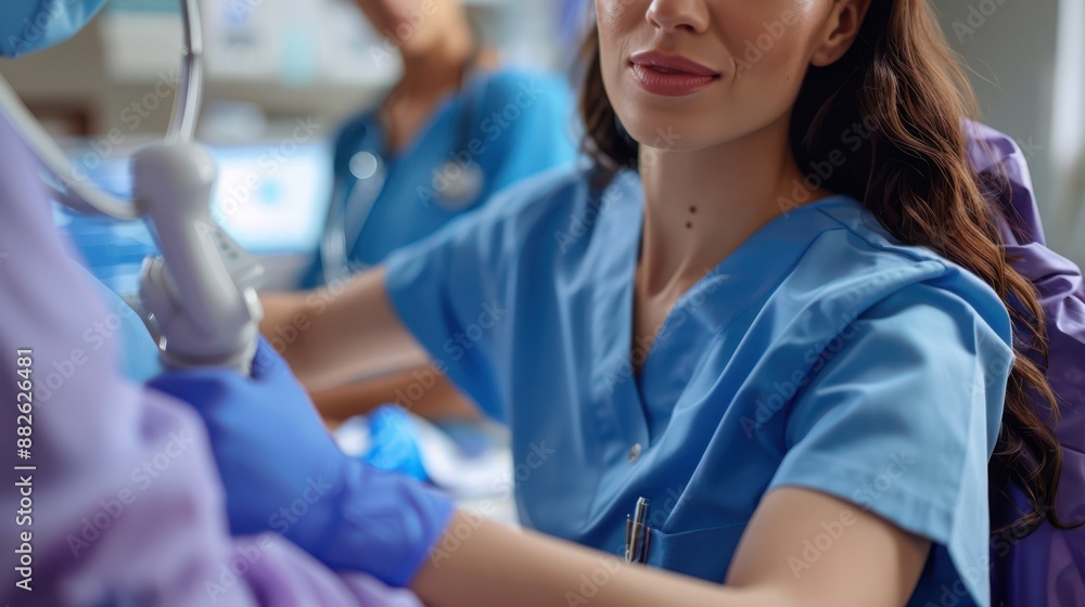 A woman in a blue scrubs is smiling at the camera A woman in a blue scrubs is smiling at the camera