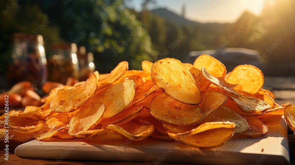 Potato Chips with a sprinkling of savory salty spices on a wooden table with a blurred background Potato Chips with a sprinkling of savory salty spices on a wooden table with a blurred background