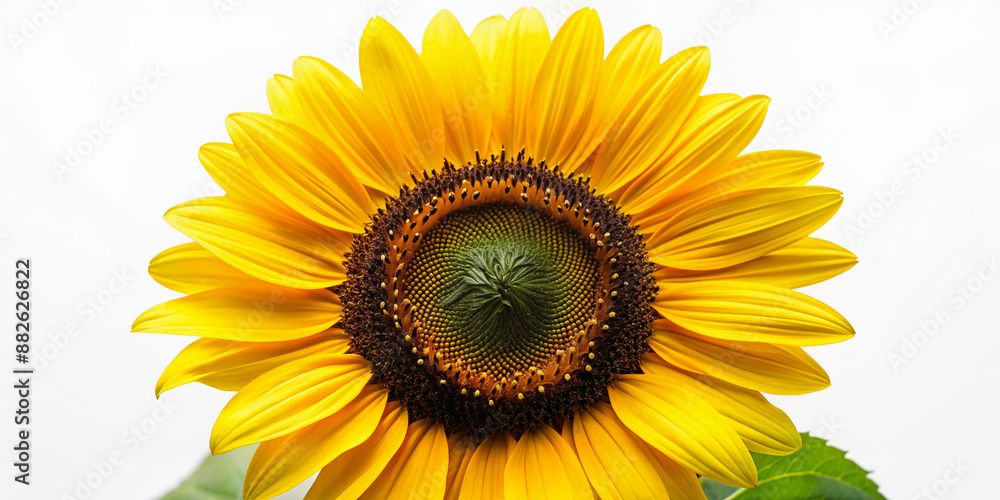 Vibrant yellow petals and dark center of a single sunflower bloom shine against a pure white background, creating a bright and cheerful summer symbol. Vibrant yellow petals and dark center of a single sunflower bloom shine against a pure white background, creating a bright and cheerful summer symbol.