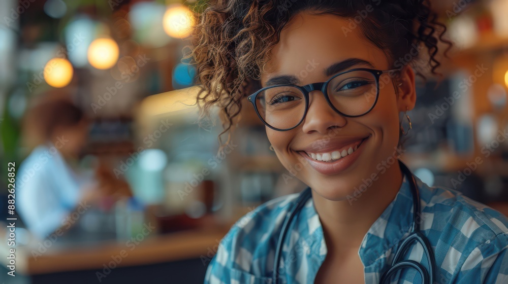 A woman wearing glasses and a blue shirt is smiling at the camera A woman wearing glasses and a blue shirt is smiling at the camera