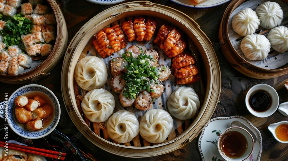 Overhead shot of a platter of dim sum including har gow (shrimp dumplings), siu mai (pork dumplings), and char siu bao (barbecue pork buns), served with Chinese tea in a traditional tea set, Overhead shot of a platter of dim sum including har gow (shrimp dumplings), siu mai (pork dumplings), and char siu bao (barbecue pork buns), served with Chinese tea in a traditional tea set,