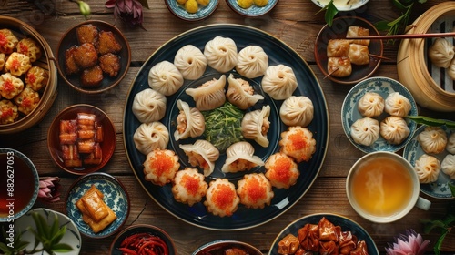 Overhead shot of a platter of dim sum including har gow (shrimp dumplings), siu mai (pork dumplings), and char siu bao (barbecue pork buns), served with Chinese tea in a traditional tea set, photo