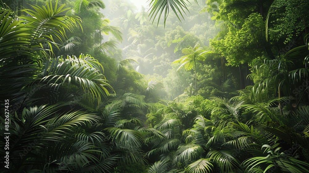 Obraz premium Create a highly realistic and detailed image of the lush rainforest on the island of New Guinea, with dense foliage and vibrant greenery