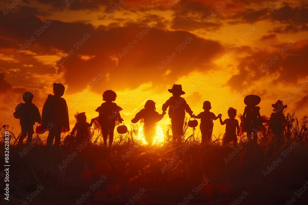 Fototapeta premium Kids celebrating Halloween at sunset in costumes holding hands in an open field