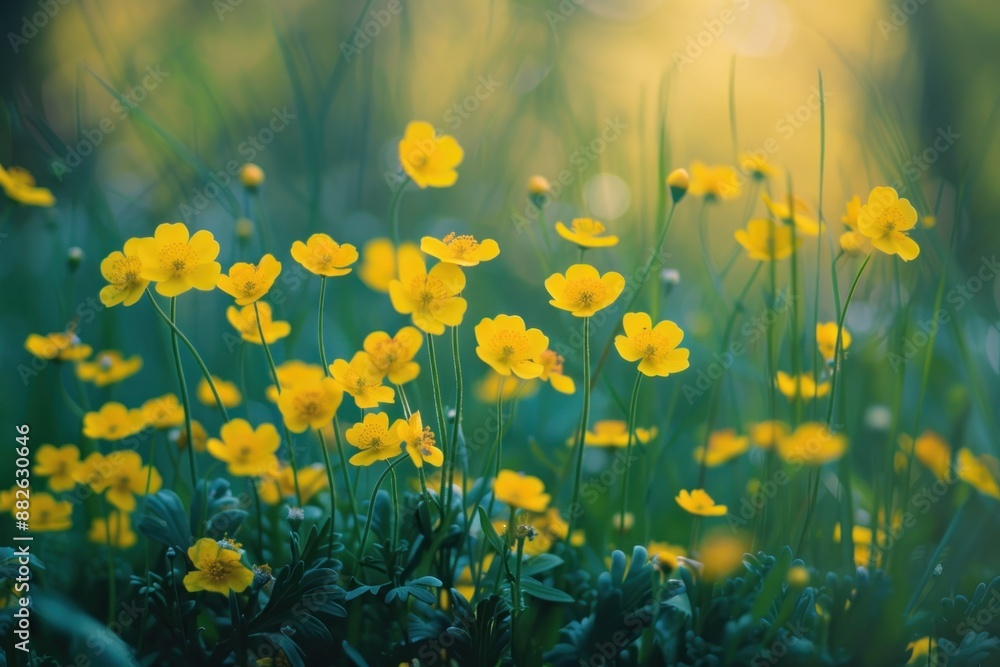 A field of yellow flowers with green grass A field of yellow flowers with green grass