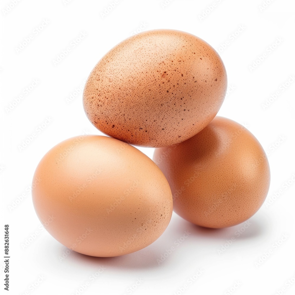 Three brown eggs arranged in a triangular formation on a white background. Three brown eggs arranged in a triangular formation on a white background.