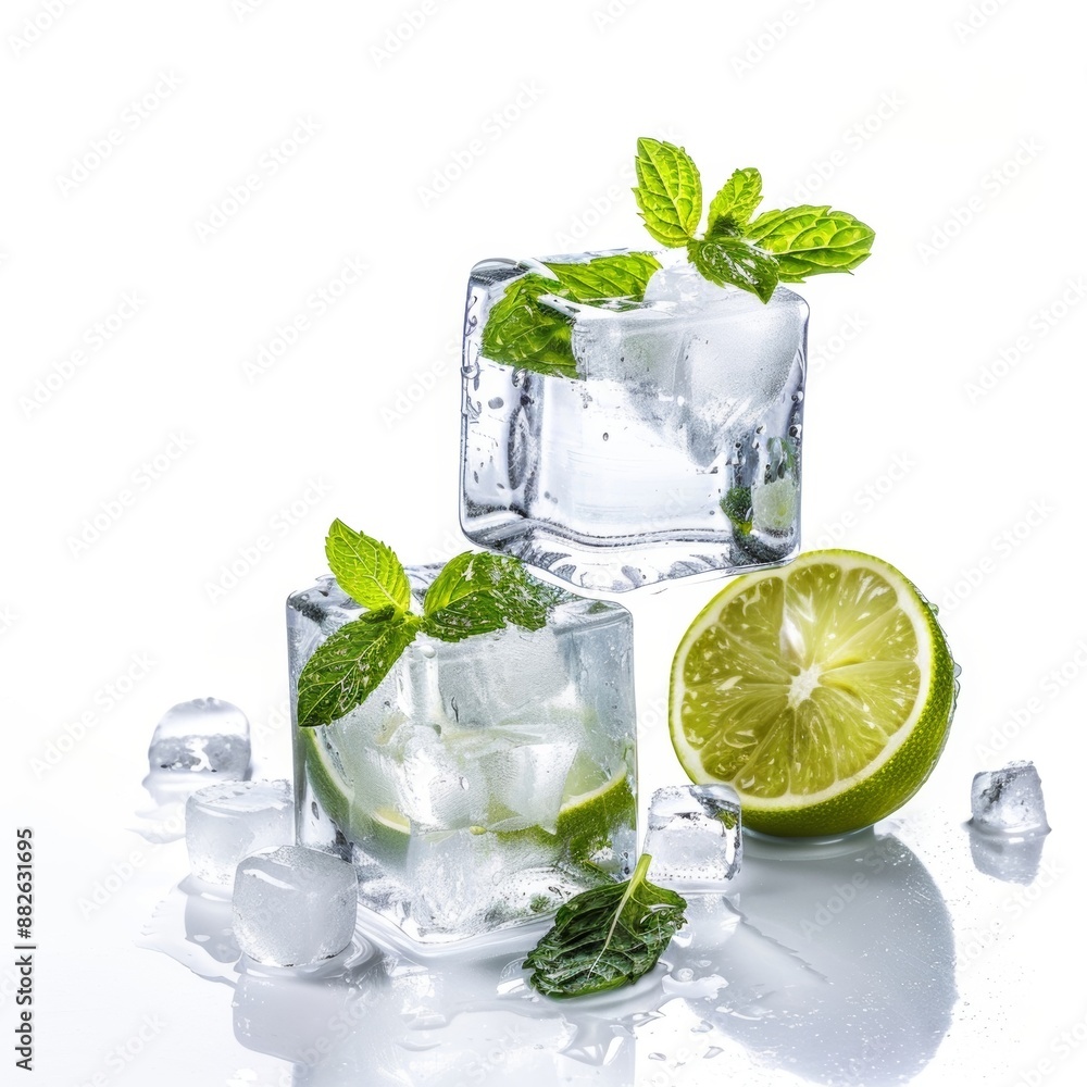 Refreshing lime and mint garnished with ice cubes on a white background. Refreshing lime and mint garnished with ice cubes on a white background.