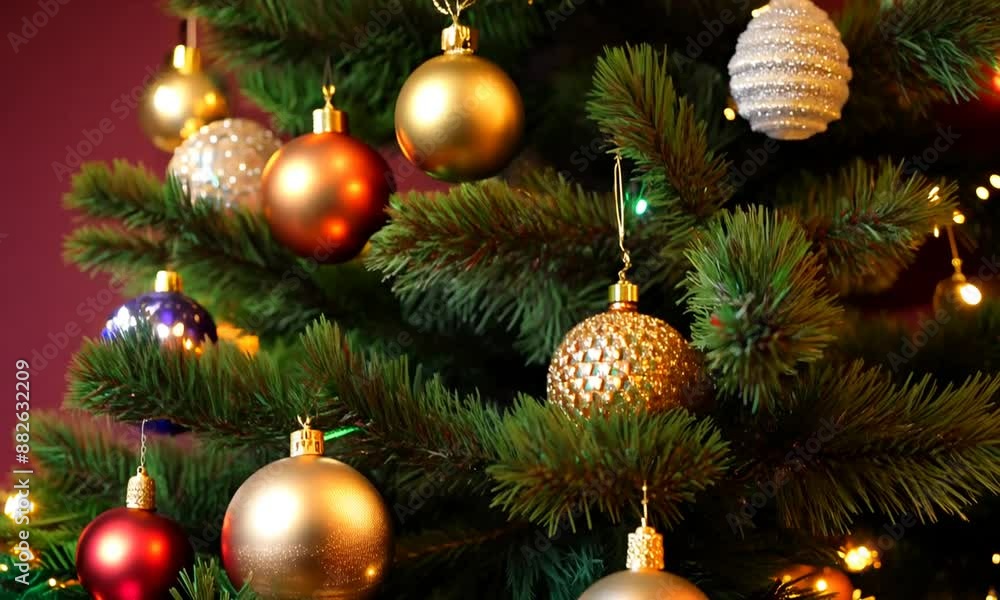 A beautifully adorned Christmas tree with bells and ribbons, set against a rich maroon background, captured in stunning 8K resolution, creating a festive atmosphere A beautifully adorned Christmas tree with bells and ribbons, set against a rich maroon background, captured in stunning 8K resolution, creating a festive atmosphere