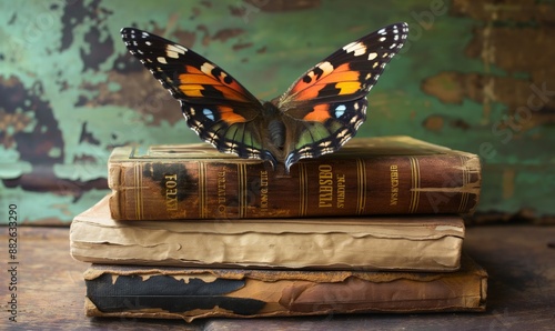 A butterfly rests on a pile of worn books