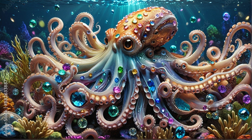 Jewel-Encrusted Mechanical Octopus in Coral Reef Jewel-Encrusted Mechanical Octopus in Coral Reef