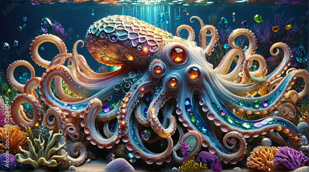Jewel-Encrusted Mechanical Octopus in Coral Reef Jewel-Encrusted Mechanical Octopus in Coral Reef