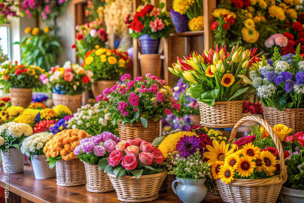Vibrant colorful flowers fill baskets and vases in a charming small town florist shop, awaiting arrangement and decoration, conveying warmth and inviting atmosphere. Vibrant colorful flowers fill baskets and vases in a charming small town florist shop, awaiting arrangement and decoration, conveying warmth and inviting atmosphere.