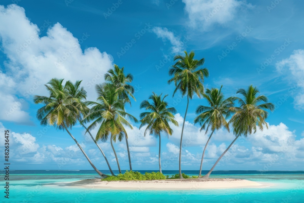 A small island with palm trees and a blue sky A small island with palm trees and a blue sky