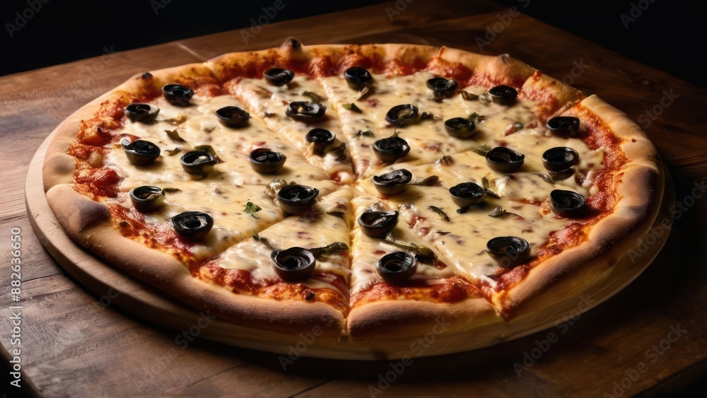 a pizza with olives and cheese on a wooden board a pizza with olives and cheese on a wooden board