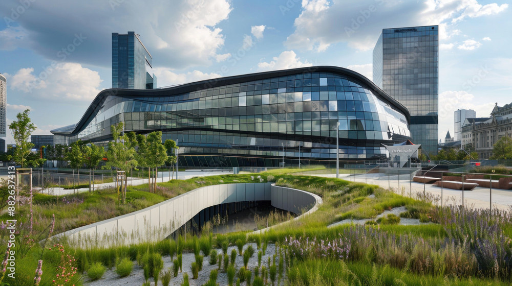 Fototapeta premium Modern Architecture with Green Roof and Lush Landscaping.