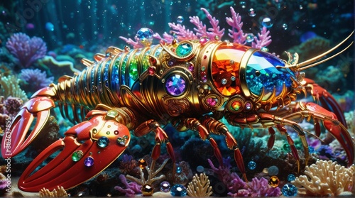Jewel-Encrusted Mechanical Lobster in Coral Reef