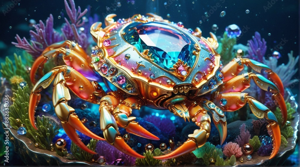 Jewel-Encrusted Mechanical Crab in Coral Reef Jewel-Encrusted Mechanical Crab in Coral Reef