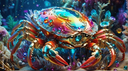 Jewel-Encrusted Mechanical Crab in Coral Reef