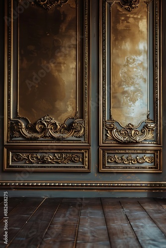 Ornate golden wall paneling with dark wood flooring