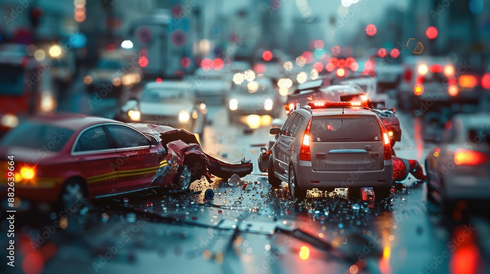 Fototapeta premium A car accident scene with a police car in the middle of the chaos