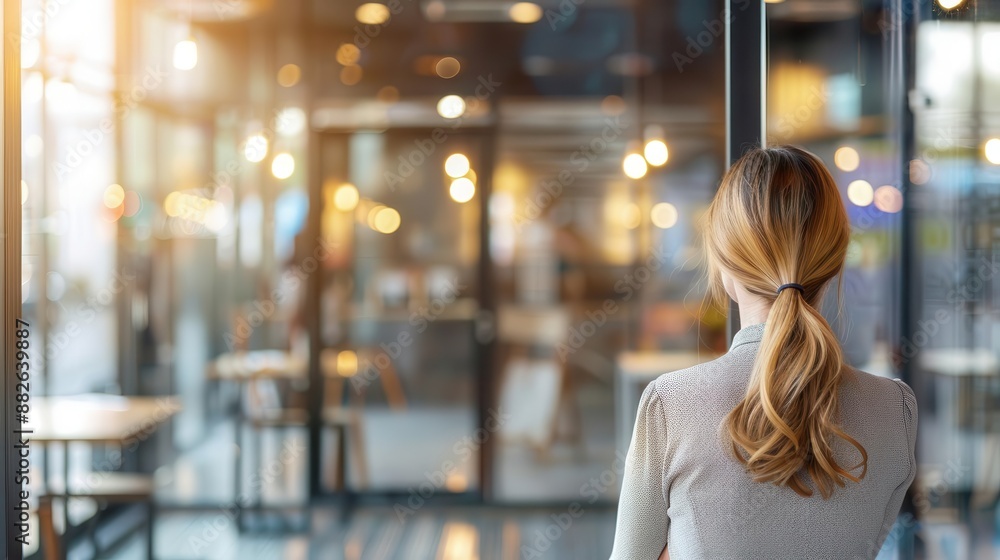 Fototapeta premium Woman looking at closed shop windows, layoffs, jobless, deflation downturn