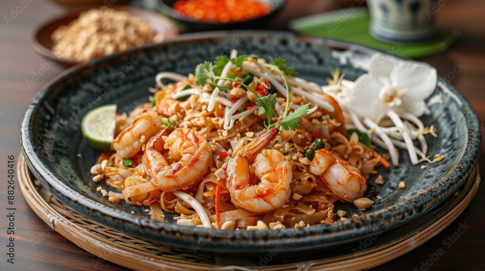 Detailed shot of Pad Thai with prawns, showcasing the succulent shrimp, tender noodles, and crisp bean sprouts, served on a traditional Thai ceramic plate with a sprinkle of ground peanuts and a Detailed shot of Pad Thai with prawns, showcasing the succulent shrimp, tender noodles, and crisp bean sprouts, served on a traditional Thai ceramic plate with a sprinkle of ground peanuts and a