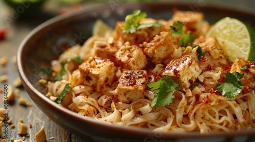 Macro shot of Pad Thai noodles with tofu, seasoned with fish sauce and palm sugar, garnished with a wedge of lime, fresh cilantro, and a sprinkle of chili flakes, capturing the textures and aromas of