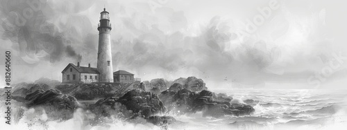 Simple pencil drawing of lighthouse on a rocky shore.