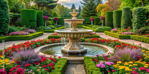Fototapeta Naklejka Na Ścianę i Meble -  Majestic hand-carved marble fountain surrounded by lush greenery and vibrant flowers serves as focal point in tranquil and meticulously manicured garden oasis.