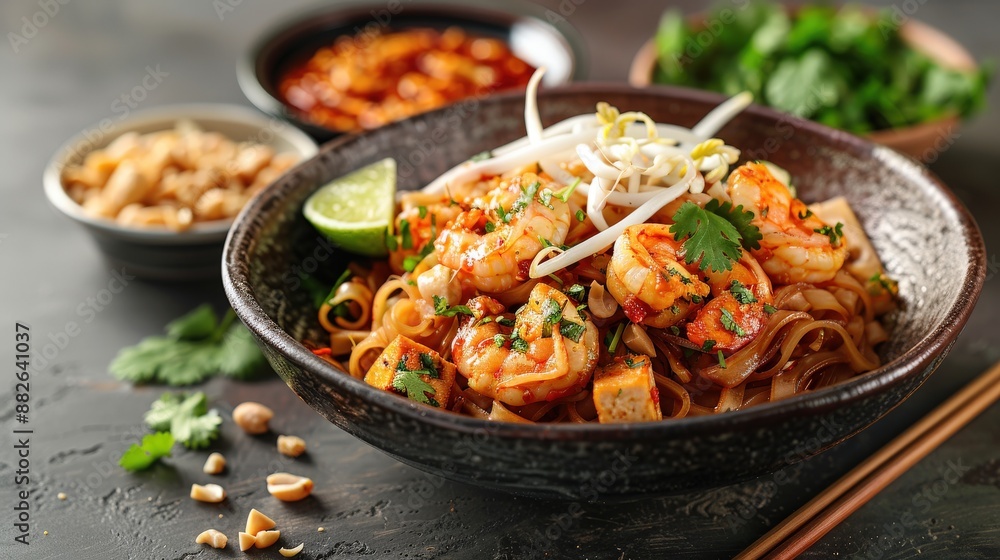 Close-up of Pad Thai noodles with shrimp and crispy tofu, tossed in a spicy-sweet tamarind sauce, garnished with bean sprouts and chopped peanuts, served in a traditional Thai bowl with a side of Close-up of Pad Thai noodles with shrimp and crispy tofu, tossed in a spicy-sweet tamarind sauce, garnished with bean sprouts and chopped peanuts, served in a traditional Thai bowl with a side of