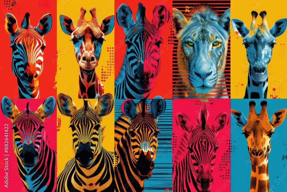 A pop art-inspired collage of various African animals. A pop art-inspired collage of various African animals.