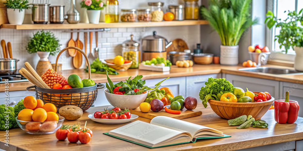 Vibrant kitchen counter displays fresh fruits, vegetables, and cooking utensils, surrounded by recipe notes and cookbooks, conveying a nutritionist's creative and healthy culinary space. Vibrant kitchen counter displays fresh fruits, vegetables, and cooking utensils, surrounded by recipe notes and cookbooks, conveying a nutritionist's creative and healthy culinary space.