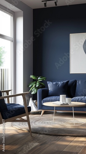 Dark blue sofa and chaise longue in scandinavian apartment. Modern living room interior design. Use generative shaping to promote artistic aesthetics, interior design, marketing background, book editi photo