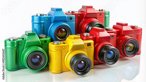 Vibrant assortment of various shaped and sized digital single-lens reflex cameras in bold colors like red, blue, green, and yellow, against a white background. photo