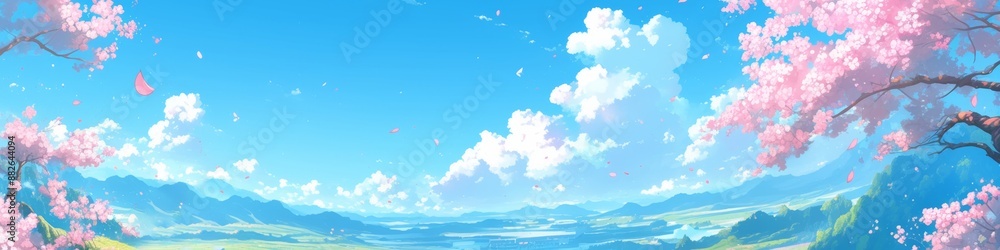 Fototapeta premium Abstract Illustration Wallpaper of Dreamscape Paradise with Peach Blossoms. Anime Style, Pink Tones, Blue Sky, White Clouds. Minimalist Art with Plants and Flowers, Serene and Solitary Atmosphere, War