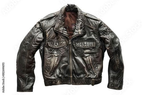 Vintage leather jacket with worn texture, featuring multiple pockets and a high collar, perfect for a rugged and stylish look.