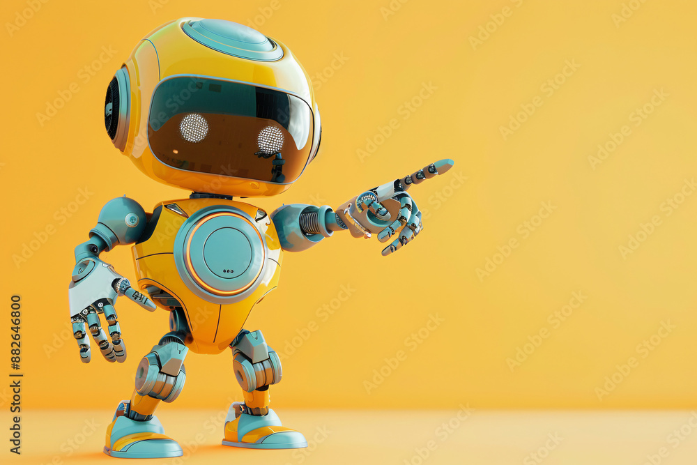 A cute robot pointing at a space with copy space for text, representing futuristic technology and innovation. It can be used for digital communication or science fiction themes. A cute robot pointing at a space with copy space for text, representing futuristic technology and innovation. It can be used for digital communication or science fiction themes.