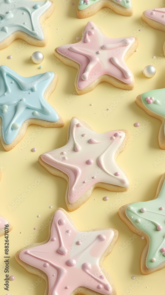3D render of Christmas cookies shaped like stars with pastel icing on a pastel yellow background. very detailed 3D render of Christmas cookies shaped like stars with pastel icing on a pastel yellow background. very detailed