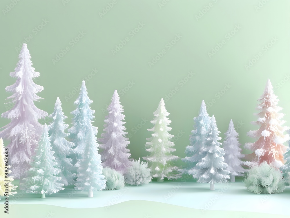 Obraz premium 3D render of Christmas tree farm with pastel-colored trees on a pastel green background. very detailed