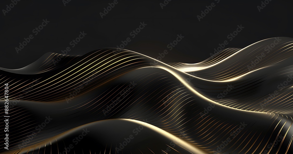 Abstract 3D rendering of a dark wavy surface with golden lines Abstract 3D rendering of a dark wavy surface with golden lines