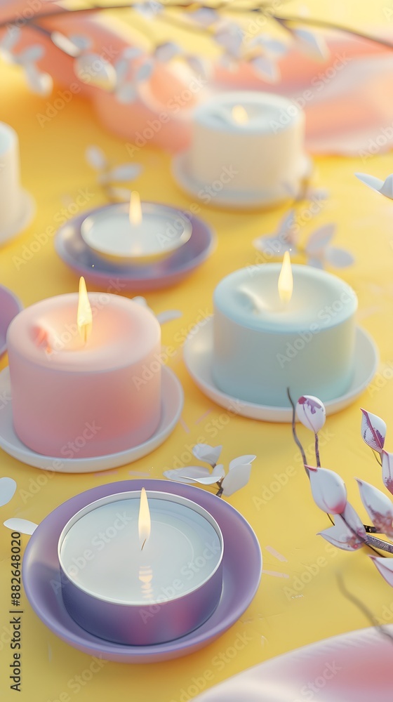 3D render of Festive holiday table with pastel-colored candles on a pastel yellow background. very detailed 3D render of Festive holiday table with pastel-colored candles on a pastel yellow background. very detailed