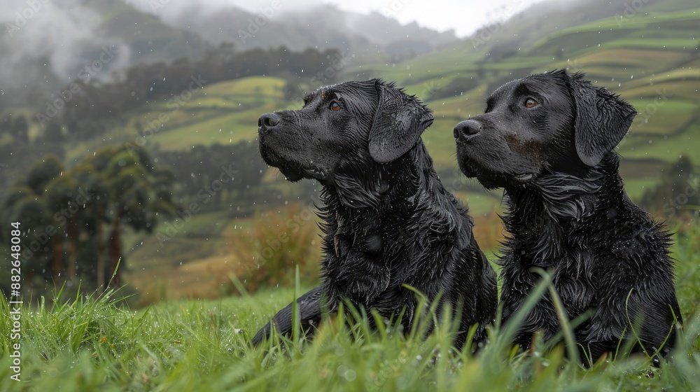Two black dogs on green grass in Bosa, south of Bogotý, Colombia, looking calm and content Two black dogs on green grass in Bosa, south of Bogotý, Colombia, looking calm and content