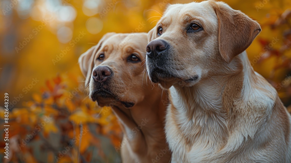 Two dogs in an autumn park, close-up, enjoying the season together Two dogs in an autumn park, close-up, enjoying the season together