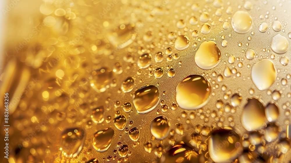 Close-up of golden beer bubbles in a glass with foam, macro photography showcasing detailed sparkling water droplets in light yellow color, white blurry background. Close-up of golden beer bubbles in a glass with foam, macro photography showcasing detailed sparkling water droplets in light yellow color, white blurry background.